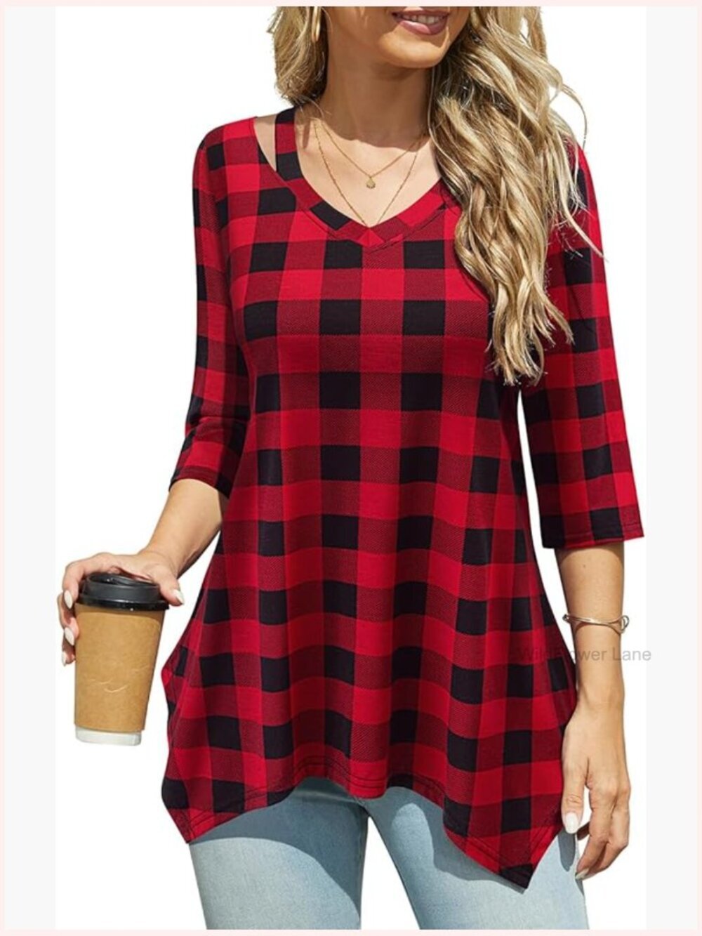 Cut Out V Neck Long Tunic Top with 3/4 Sleeves to Wear with Leggings